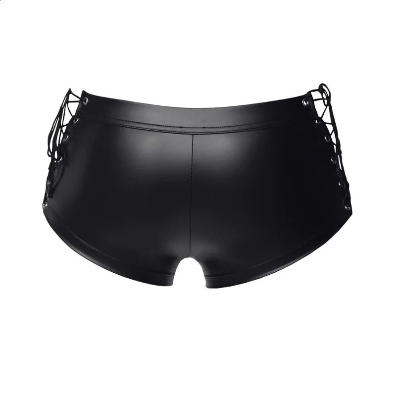 Exotic Pants Male Sexy Lingerie Gay Men Faux Leather Lace Up Black Latex PVC Bondage Open Cortch Shorts Gothic Fetish 241105