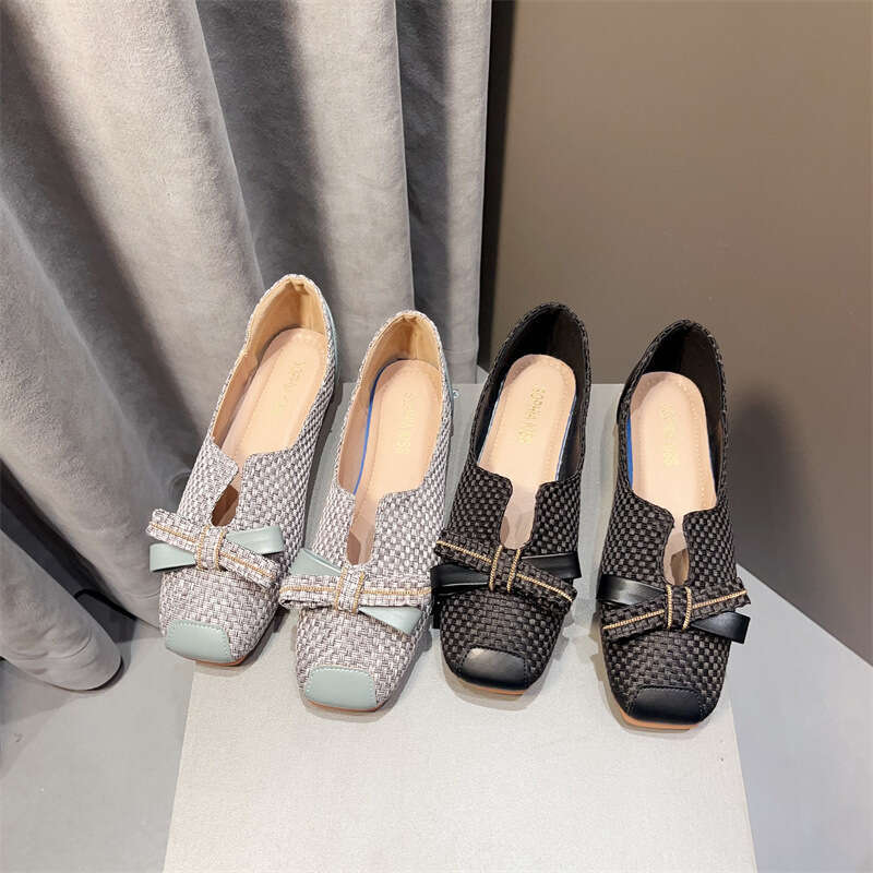 Korean Spring And Summer New Women's Scoop Large Butterfly Knot Weaving Fabric Versatile Square Head Shallow Mouth Flat Bottom Single Shoes