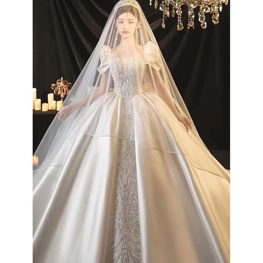 Pearls A Full E Dresses Lace Tulle Appliques Beading Summer Beach Satin Wedding Bridal Gowns Vintage Plus Size Ball Gown Sweep Train Vestidos Ppliques