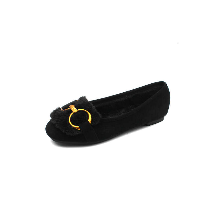 2023 Autumn/Winter New Single Women's Head Metal Buckle Hairy With Velvet Flat Bottom Outer Shallow Mouth Bean Shoes