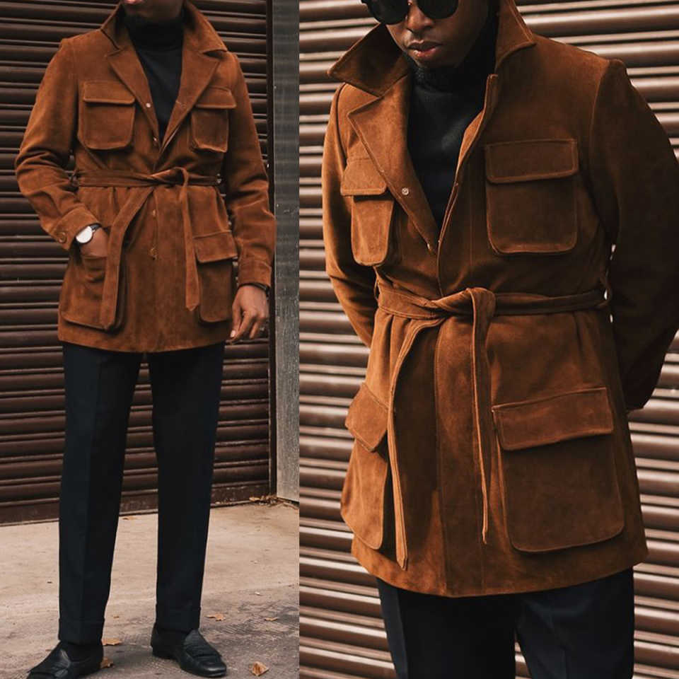 Stylish Men's Coat Notched Lapel Tailored Wool Blend Jacket Blazer Belt Chamois Autumn Winter Plus Size Windbreaker Custom Made Coat