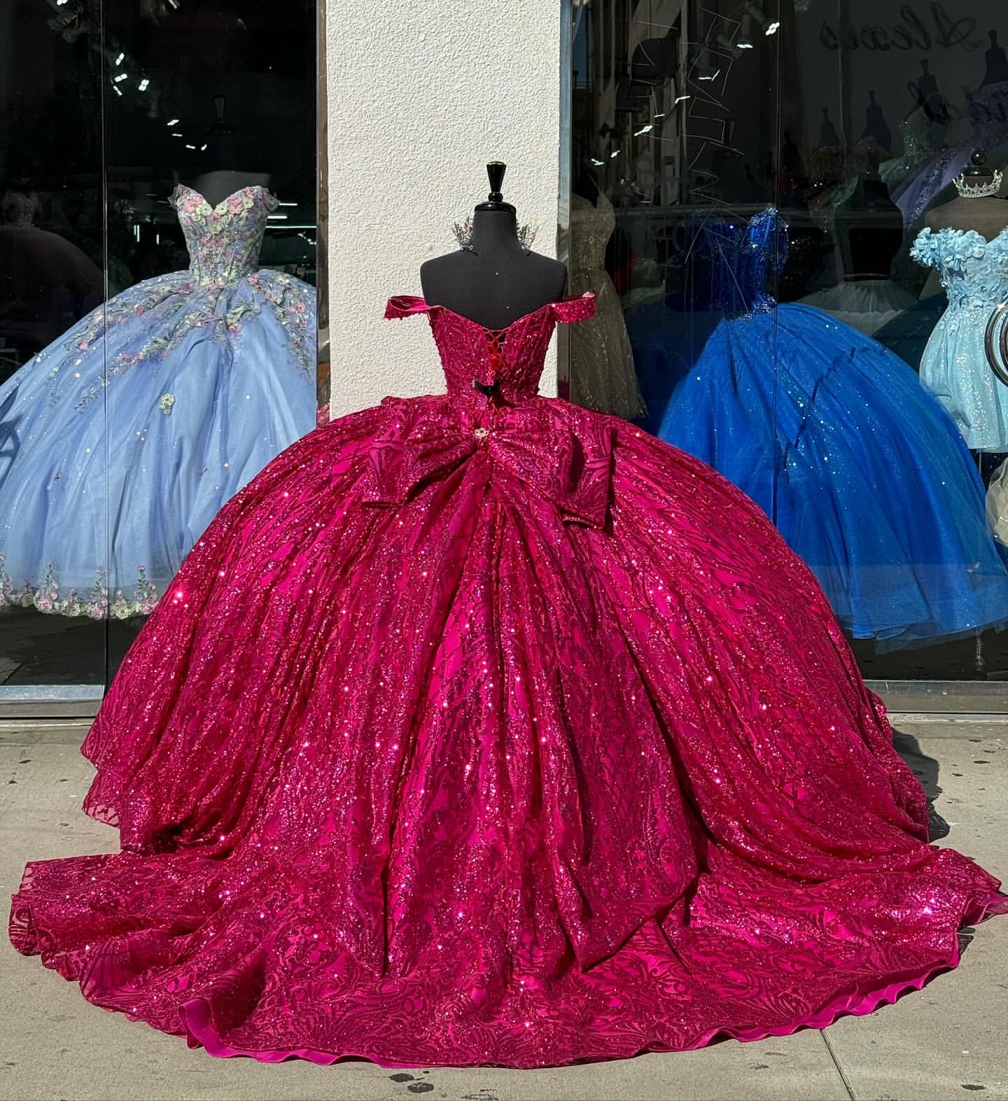 Fabulous fuchsia princess quinceanera dresses sparkly prom ball gown off shoulder glitter sequins diamond vestido de quinceanera bow 15 Masquerade Dre