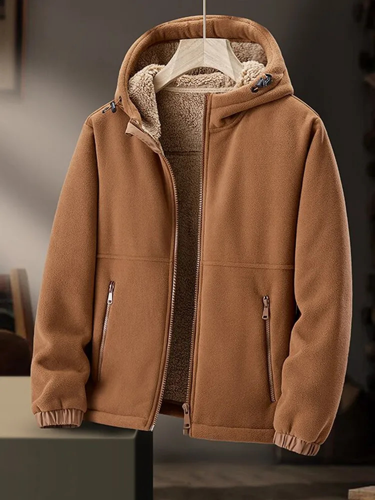 AutumnWinter Fashion Solid Color Plus Fleece Thick Warm Hooded Coat Mens Casual Loose Size Comfortable Jacket 241105