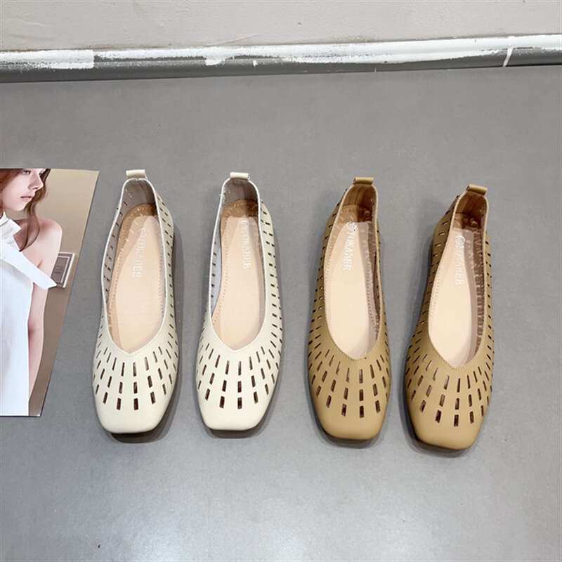 Summer New Item Korean Version Hollow Breathable Single Women's Scoop Square Toe Grandmother Shoe Soft Leather Comfortable Bean Shoes