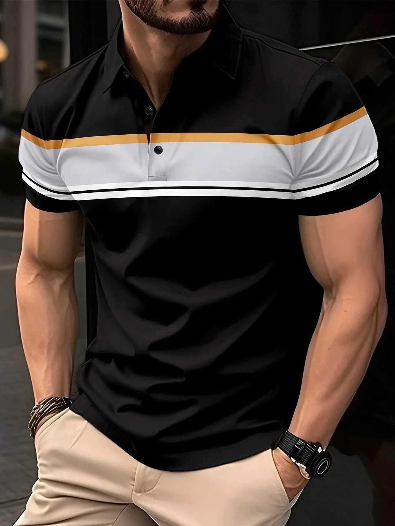 Solid color striped lapel trend mens summer T-shirt mens polo shirt button collar short sleeved zipper casual mens clothing W250414