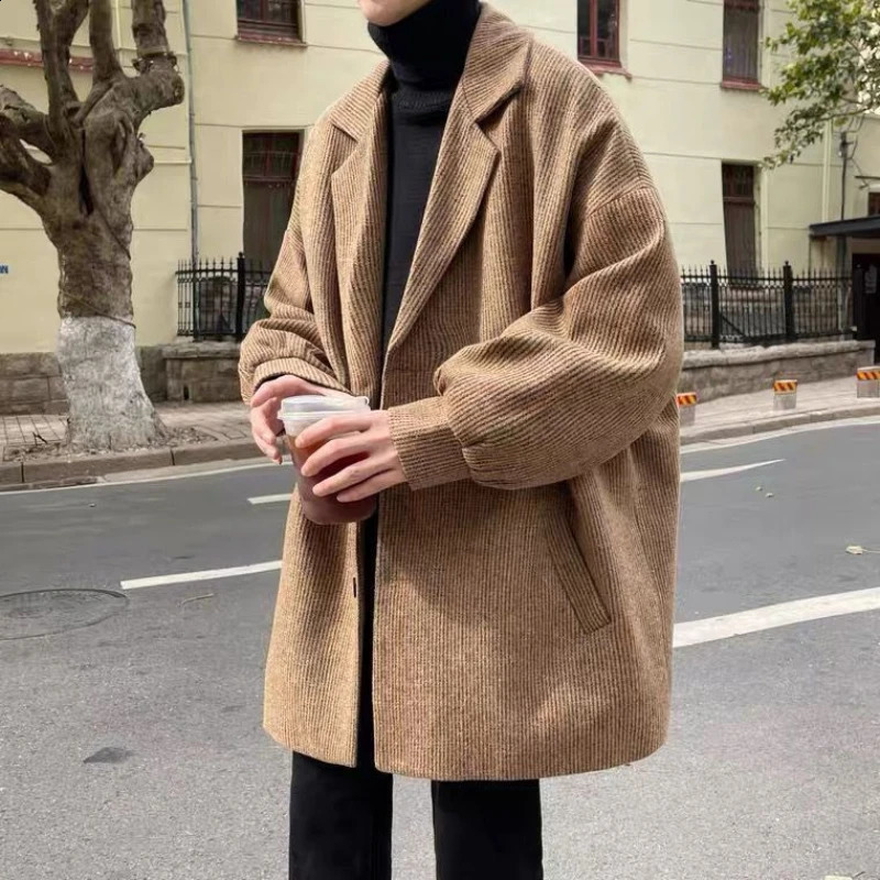 Autumn Winter Fashion Turn-down Collar Long Sleeve Solid Mao Trench Mens Clothing Loose Casual All-match Korean Button Tops 241105