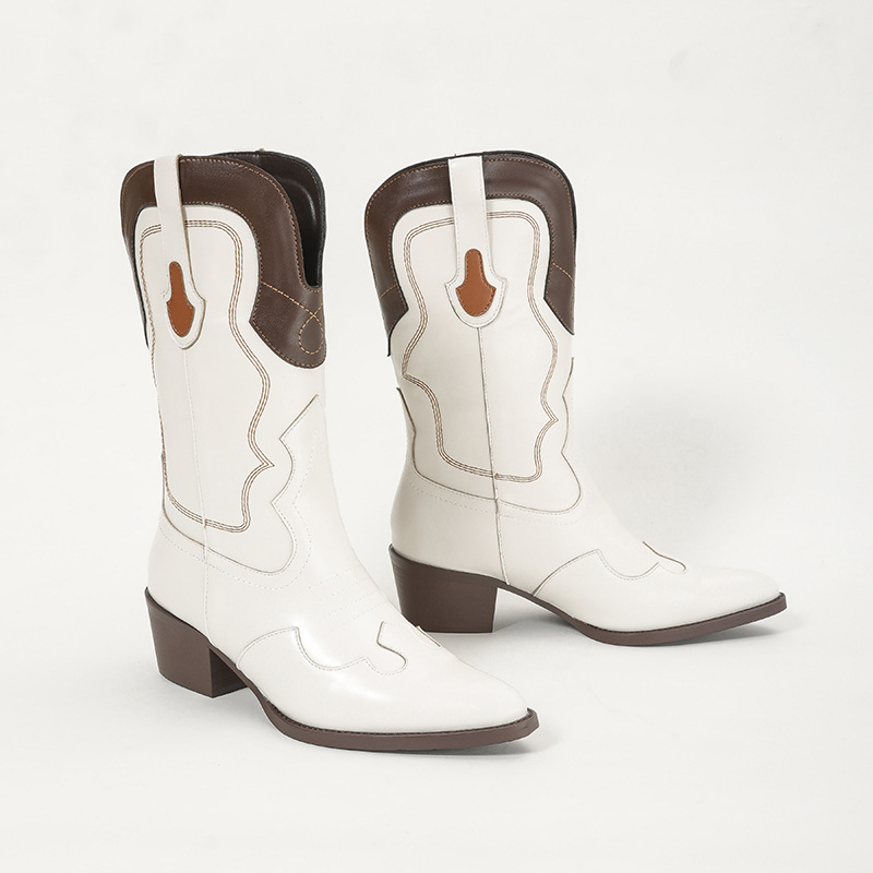 Autumn New Pointed Embroidery Thread Color Blocked Thick Heel Short Boots.
