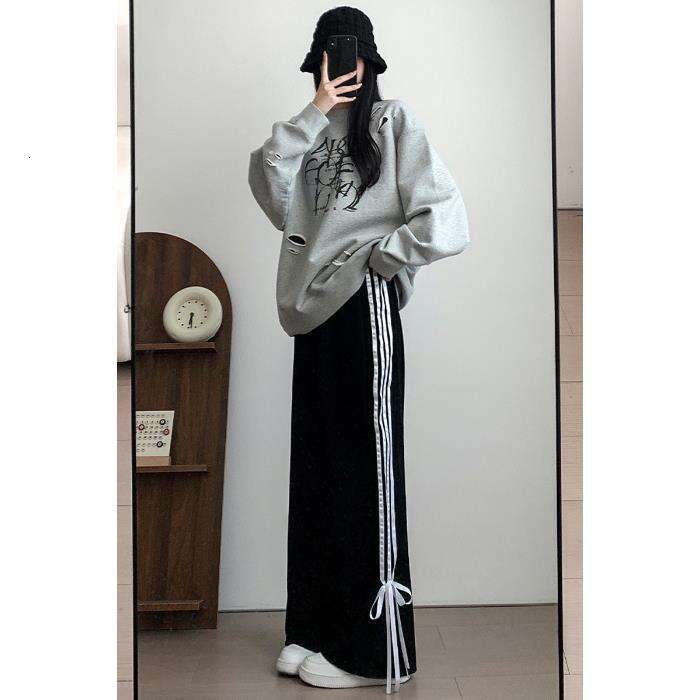 shanshi three stripes pants Korean version high waisted for women in autumn winter loose straight leg casual versatile pants with a hanging feeling an
