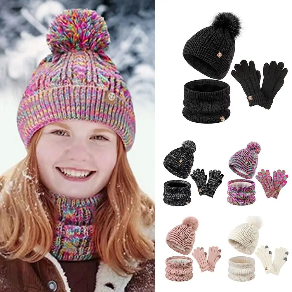 Leisure Knitted Childrens Winter Hat Glove Scarf Set Warm Neck Warm Girl Beanie Hat with Pom Cold Weather 241105