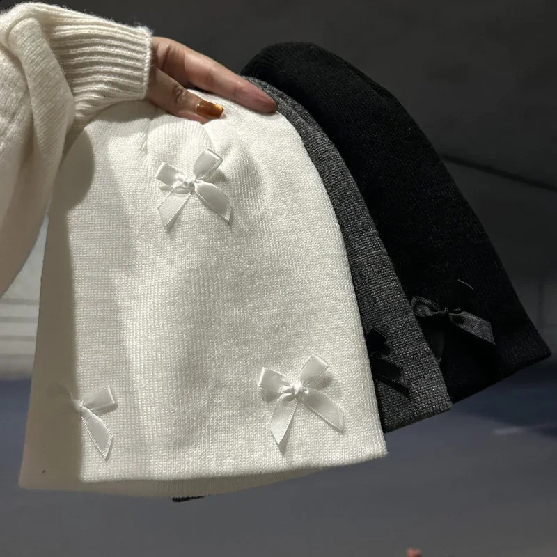 Korean Winter Bow Knitted Hat Ins Style Cute Y2K Girls Autumn and Personalized Fashion Warm Ear Protection 241105