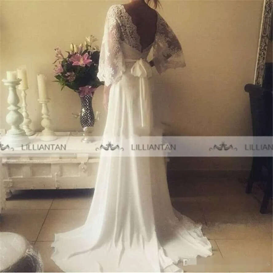 Sexy Deep V Neck Beach Dresses Long Julit Sleeves Lace A E Applique Backless Chiffon Sash Sweep Train Wedding Gowns Pplique