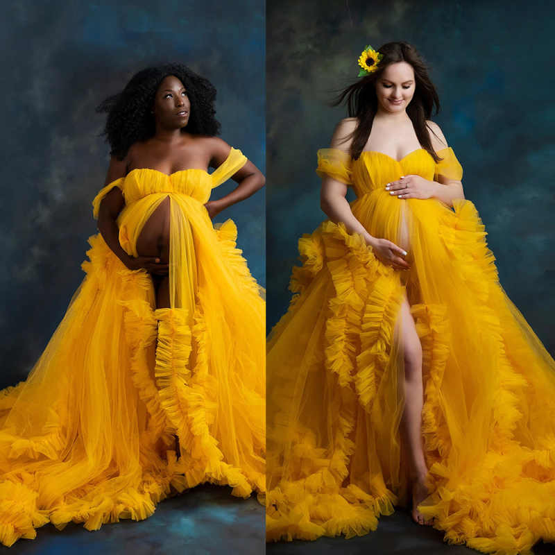 Puffy Women Bathrobe Ruffles Off Shoulder Maternity Dresses Pregnant High Split Tulle Robe Customized Evening Dress