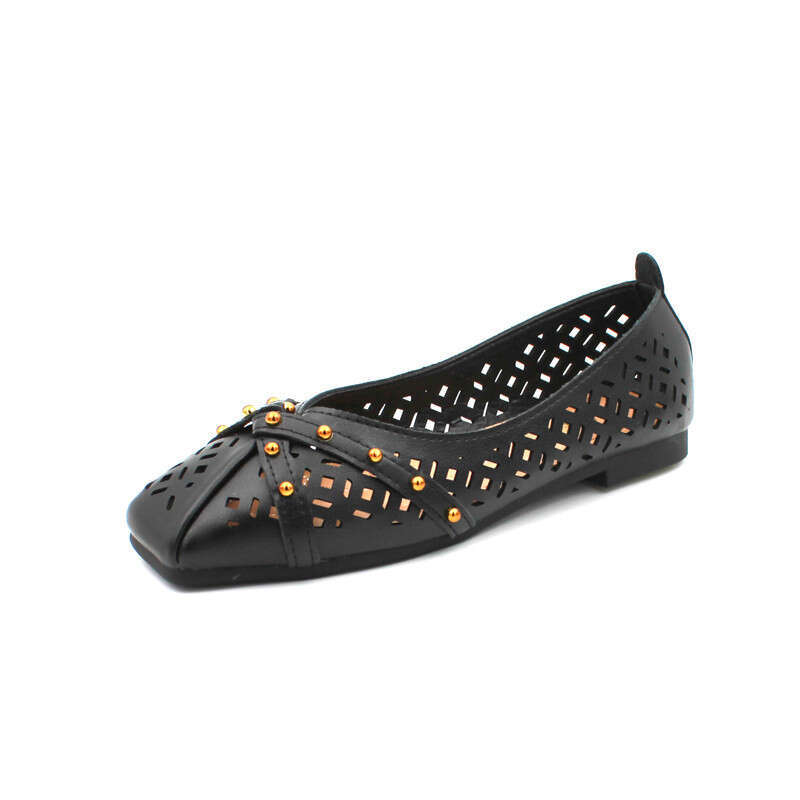 Korean Version Gentle And Versatile Square Toe Shallow Cut Hollow Breathable Sole Flat Heel For Women, Bean Shoes, Summer Soft Soled Ladybird Shoes