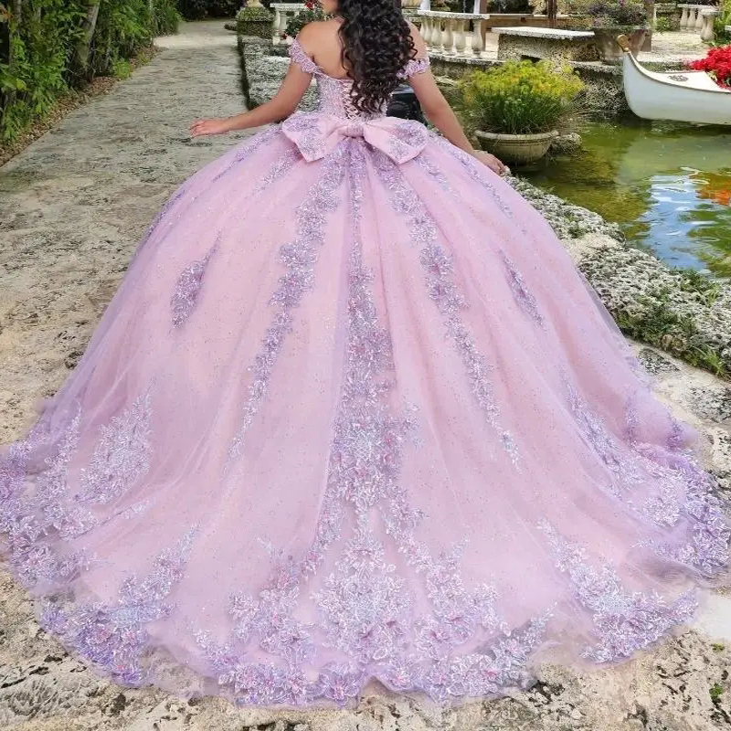 Pink Shiny Ball Gown Quinceanera Dresses Off The Shoulder Sequin Appliques Lace Bow Beaded Crystal Tull Sweet 16 Dress Vestido De 15 Anos