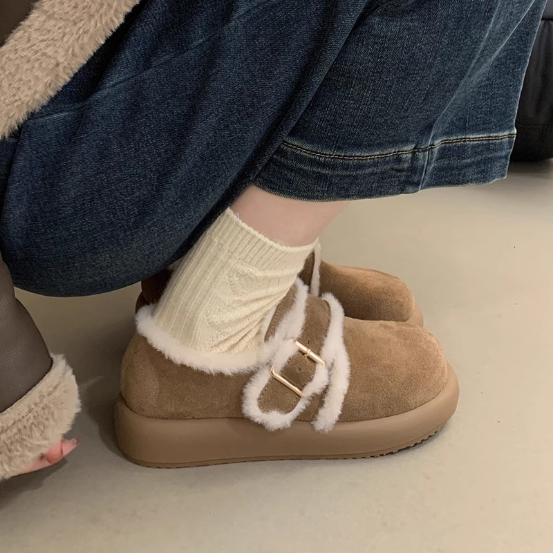 Matte Leather Thick Soled Brown Velvet Boken Shoes, Autumn And Winter Snow Shoes, Snow Boots, Cotton Shoes For Women, Wearing Fur Shoes On The Outside