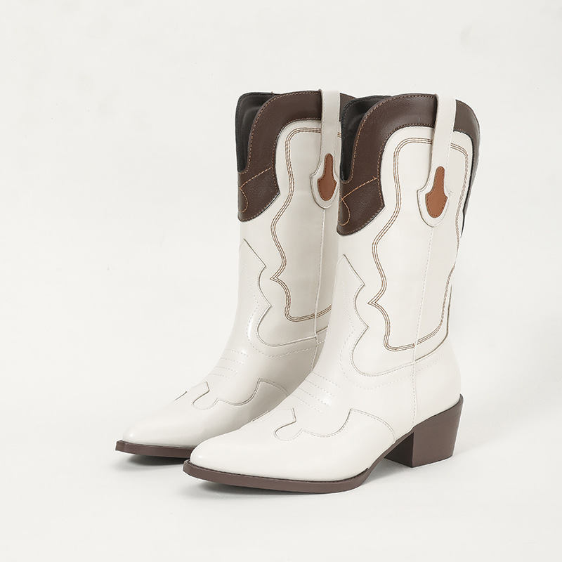Autumn New Pointed Embroidery Thread Color Blocked Thick Heel Short Boots.
