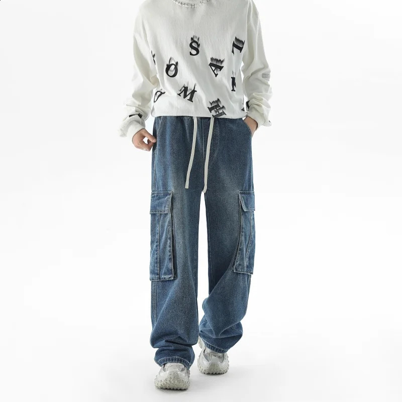 Autumn Big Pocket Trendy Mens Jeans Baggy Straight Denim Trousers Blue Black Elastic Waist Fashion Casual Wide Legs Pants 241105