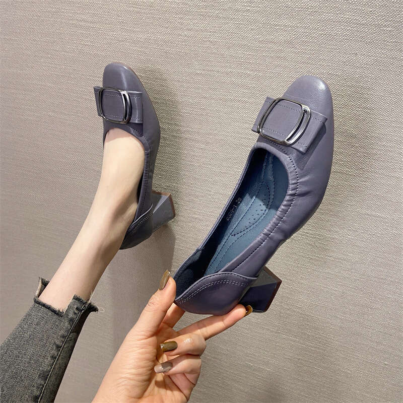 Rough Order Shoes For Women, Korean Version, Spring And Autumn New Item, Versatile Soft Leather Grandma Fashionable Square Toe High Heels, Work Shoes,