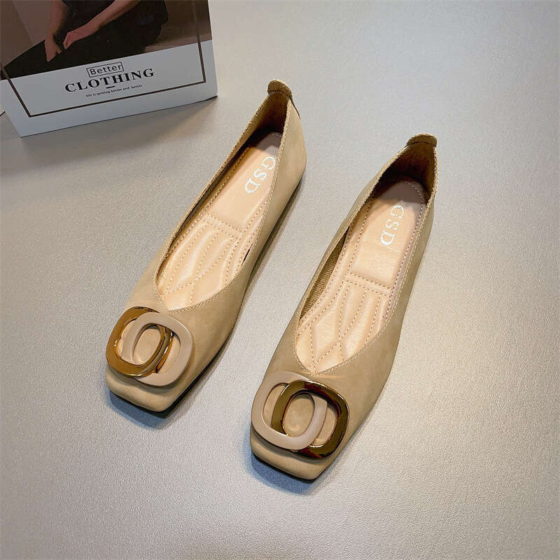 French Style Scoop Shallow Mouth Single Shoes, Women's Korean Version, Spring And Summer New Item, Metal Buckle, Gentle Style, Flat Bottomed Squa