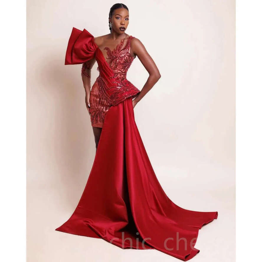 Arabic Ebi Red Aso Sheath Prom Dresses Short Sequined Lace Sexy Evening Formal Party Second Reception Birthday Engagement Bridesmaid Gowns Dress ZJ