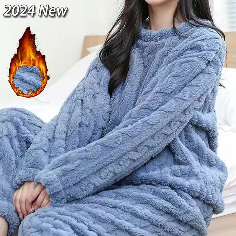 Autumn Winter Women Solid Warm 2 Piece Sets Thicken Velvet Ribbed Fleece Set Pullover And Pants Women Casual Pajama Sets 2024 241105