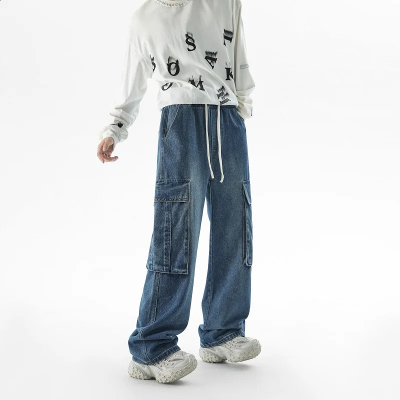 Autumn Big Pocket Trendy Mens Jeans Baggy Straight Denim Trousers Blue Black Elastic Waist Fashion Casual Wide Legs Pants 241105