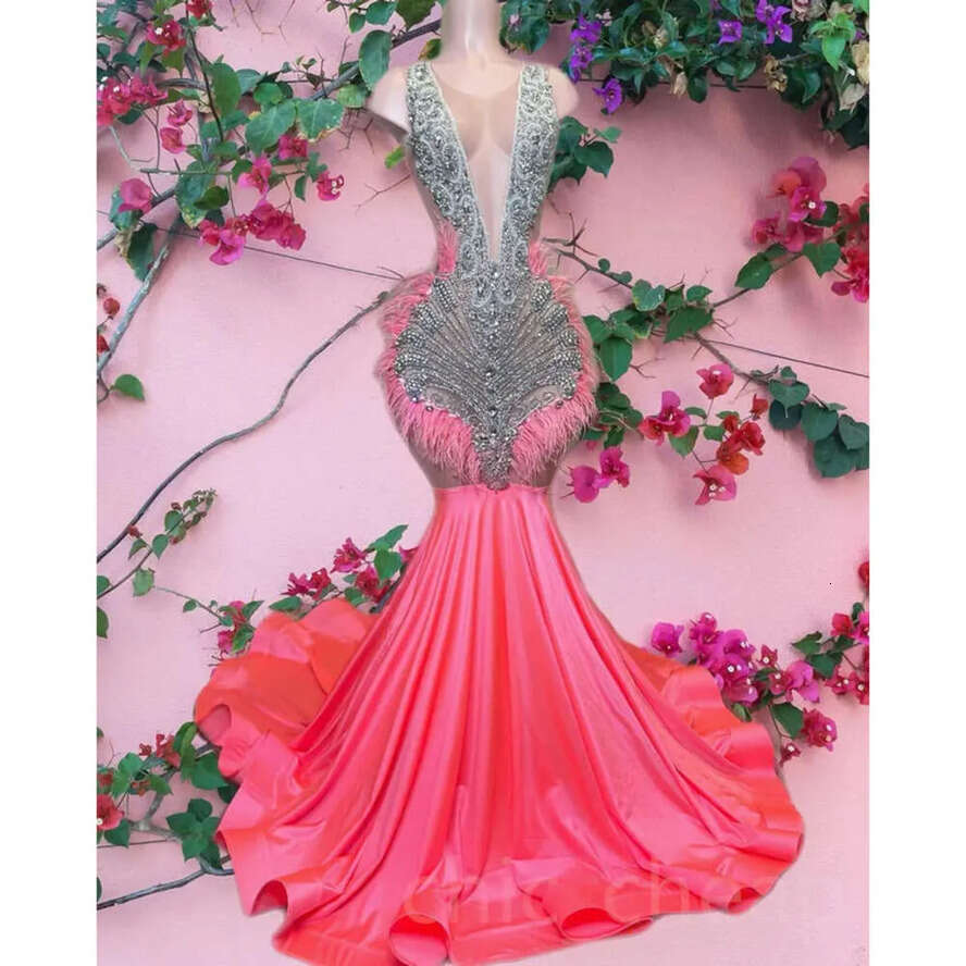Ebi Aso Pink Arabic Mermaid Prom Dress Crystals Beaded Feather Evening Formal Party Second Reception Birthday Engagement Gowns Dresses Robe De Soiree 