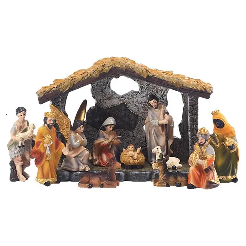 12pcs Set Christmas Manger Nativity Set Real Life Nativity Jesus Manger Christmas Crib Ornament Holy Family Crafts Statue Decor 241104