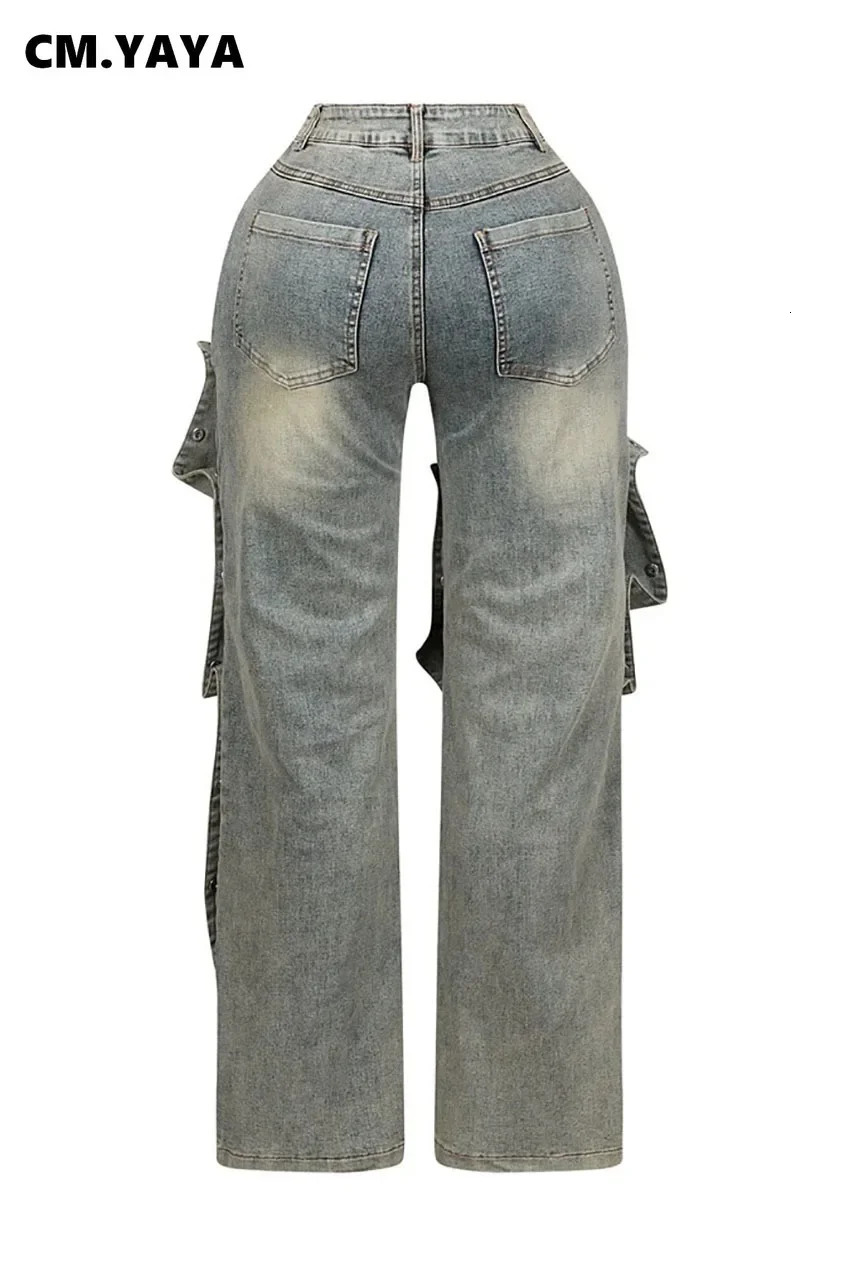 CM.YAYA Womens Street Clothing Button Cut Cargo Straight Denim Wide Leg Jeans Pants INS Elastic Fashion Party Cargo Truck 241031