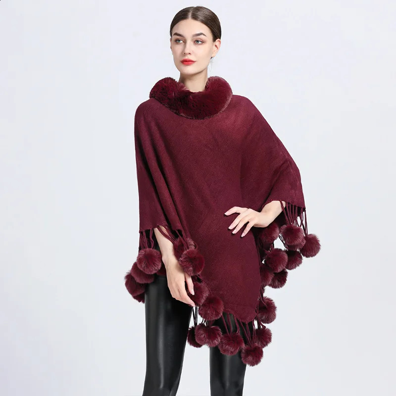 Poncho Scarf Fur Ball Decoration Shawl Faux Collar Womens Cape Fringed Asymmetric Cover Up Diamond 241105