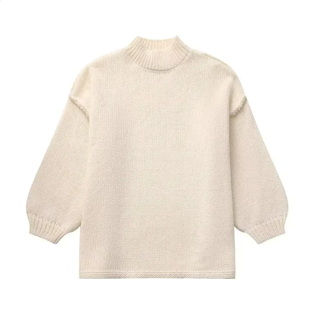 Fashion round neck knitted womens jumper autumn long lantern sleeve sweater womens high street warm womens fashion zipper 241105