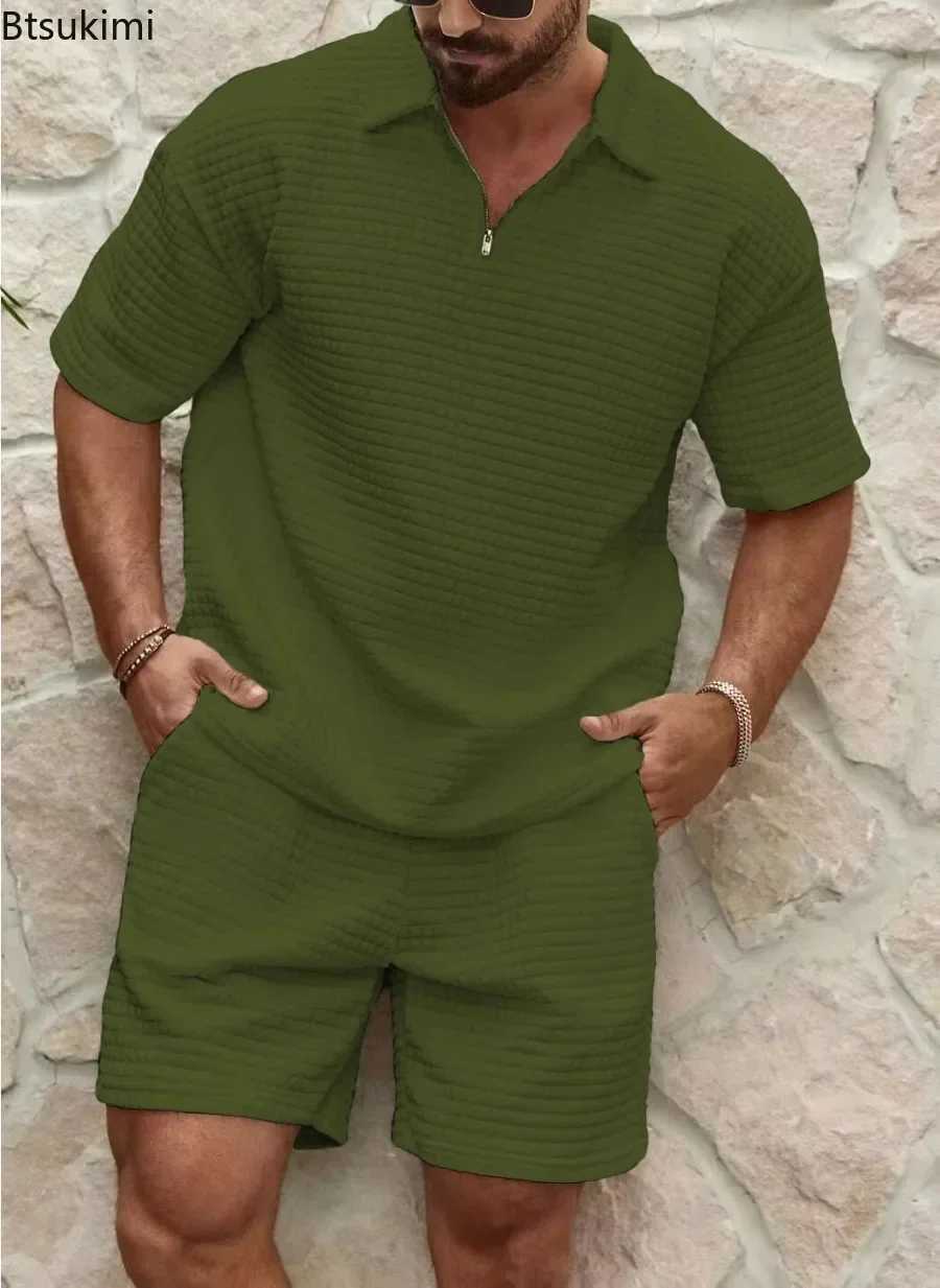 Mens Summer Wfle Casual Set Solid Smooth Loose Sports Set Half Zipper Short Sleeve Shirt Mens Track and Field Wear W241104