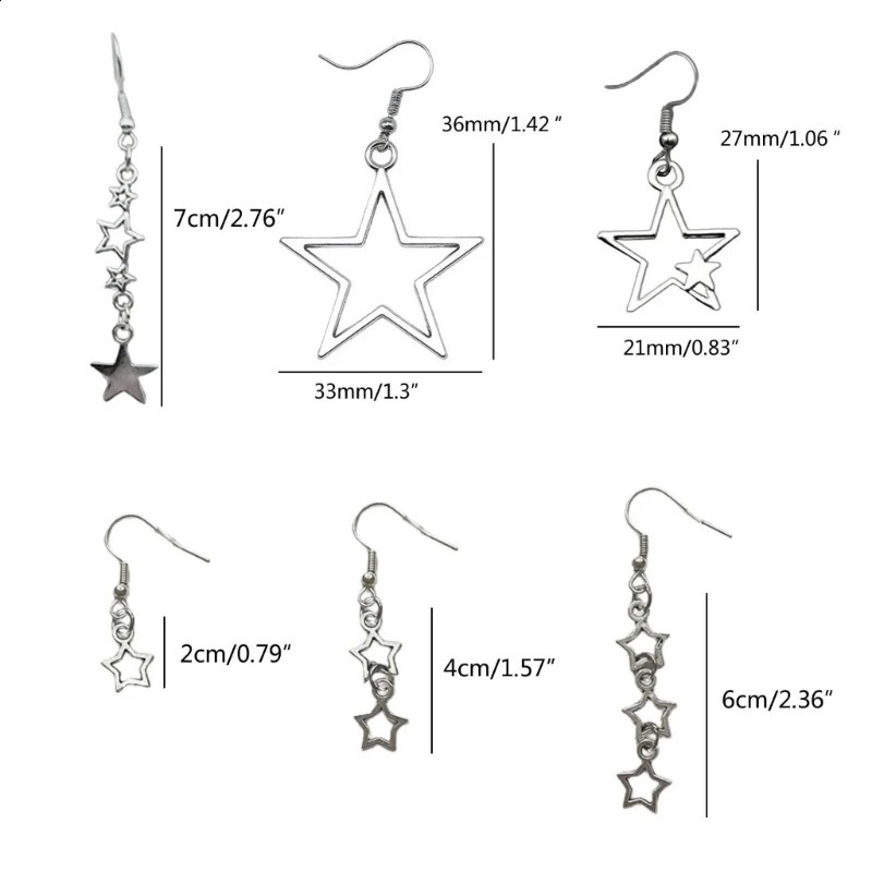 Y1UB 6 Pairs Star Themed Earring Set Hollow Pentagrams Dangle Drop Earrings Y2K Trendy Ear Pendant Accessories for Women 241105