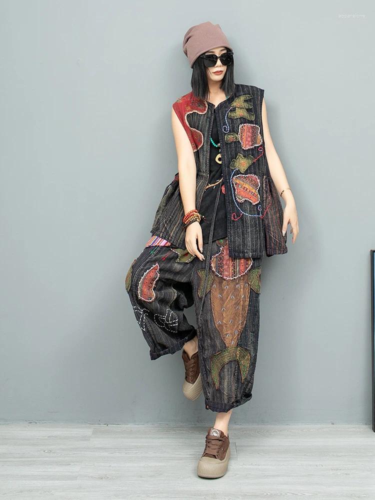 Womens Two Piece Pants LYUZHE 2024 Fall Vintage Embroidery Patch Designs Women Matching Sets O-neck Vest And Wide-leg Pant Old Cloth Suit