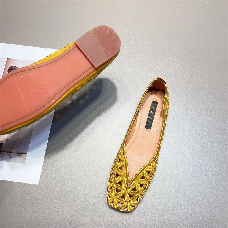 Cave Sandals Women's Spring And Summer New Style Square Toe Versatile Comfortable Soft Sole Hollow Out Single Breathable Flat Shallow Mouth Scoop