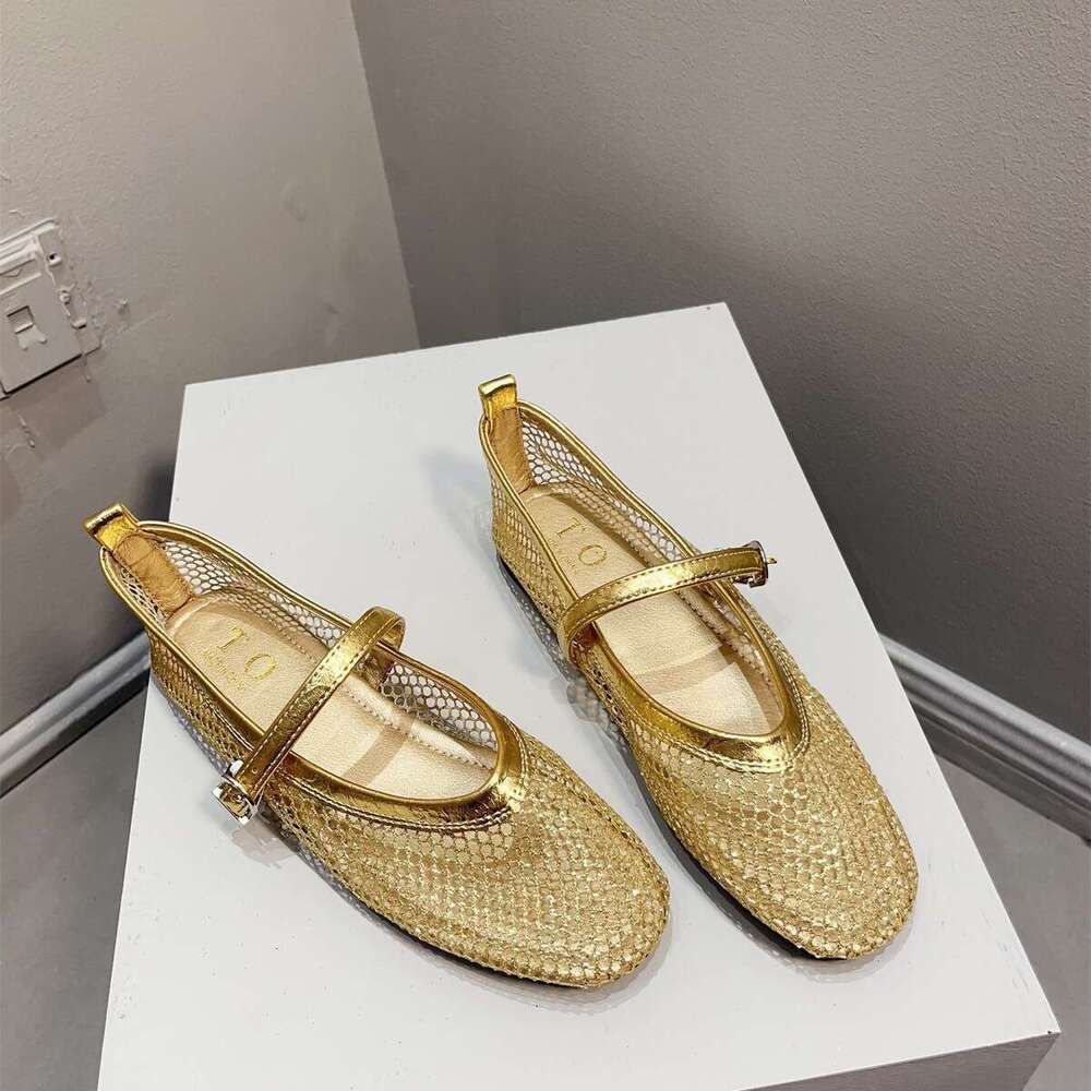 French Silver Mary Jane Shoes Women's Korean Version New Summer Flat Sole Single Shoe Shallow Mouth Mesh With Skirt Hollow Sandals