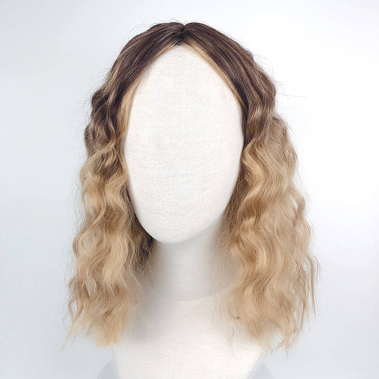 Fashion black wig gradient brown medium long hair corn perm water ripple wig