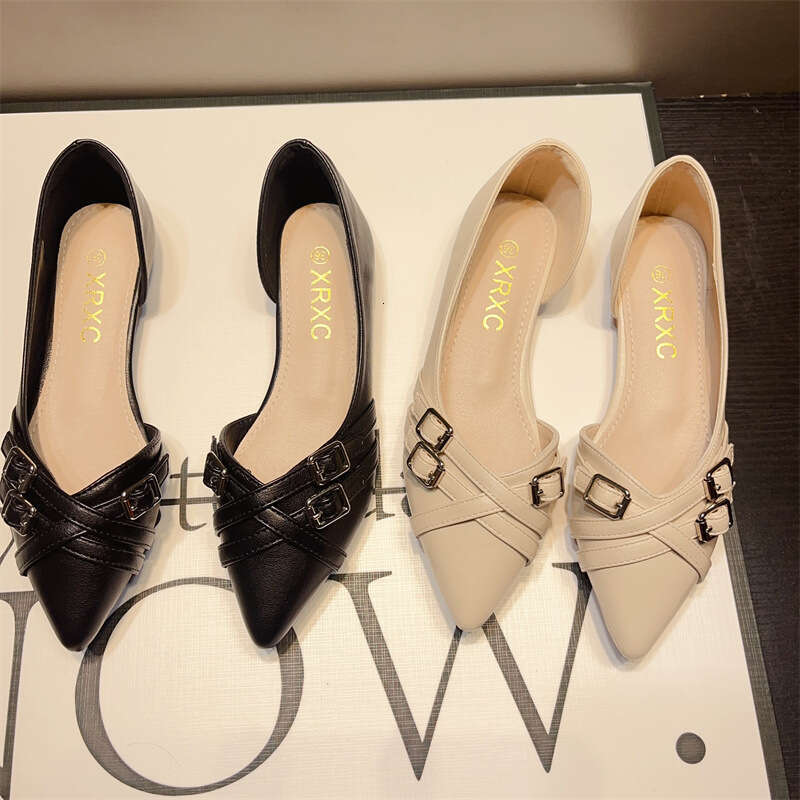 Korean Version Spring And Summer New Shallow Mouth Pointed Flat Bottom Side Empty Fairy Evening Breeze Gentle Temperament Small Fragrant Style Single 