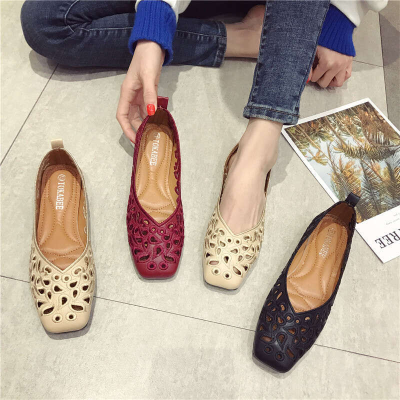 Summer Sandals, Hollowed Out Fashionable Work Black Women's Shoes, Flat Sole, Single Shoe, Hole, Simple Square Toe Shoes