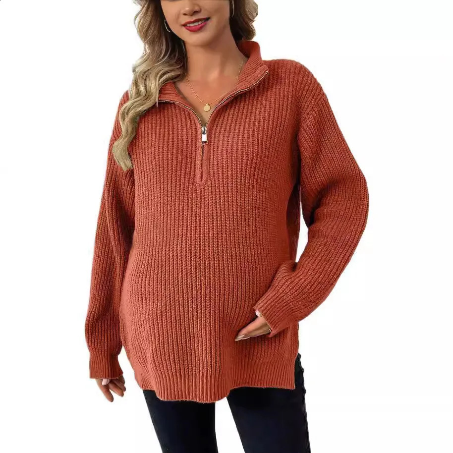 Retro fashion knitted sweater from the United States pregnant womens zipper side split oversized loose top suitable for pregnant women in autumn 24110