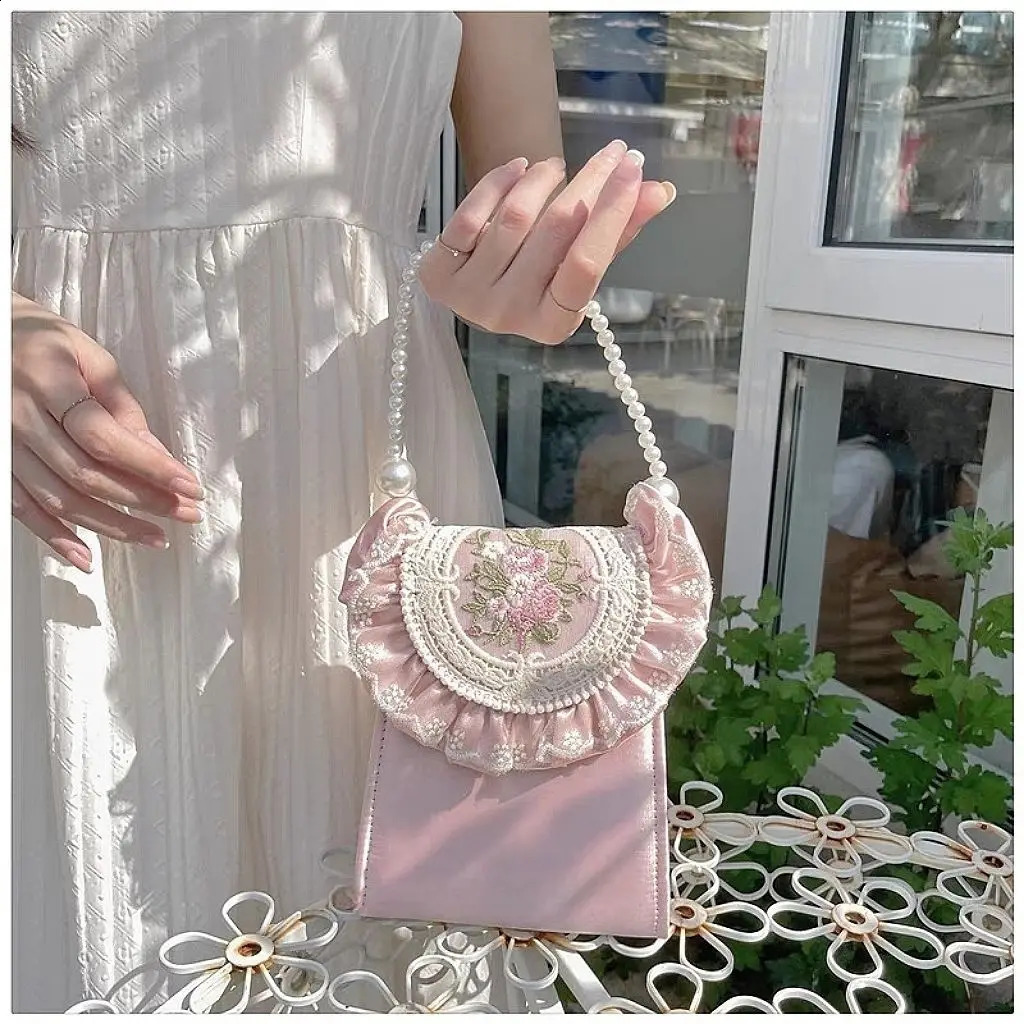 JIAERDI Retro Embroidery Handbag Womens Pearl Handbag Wallet Pink Flower Clutch Party Bag Small Phone Bag 241105