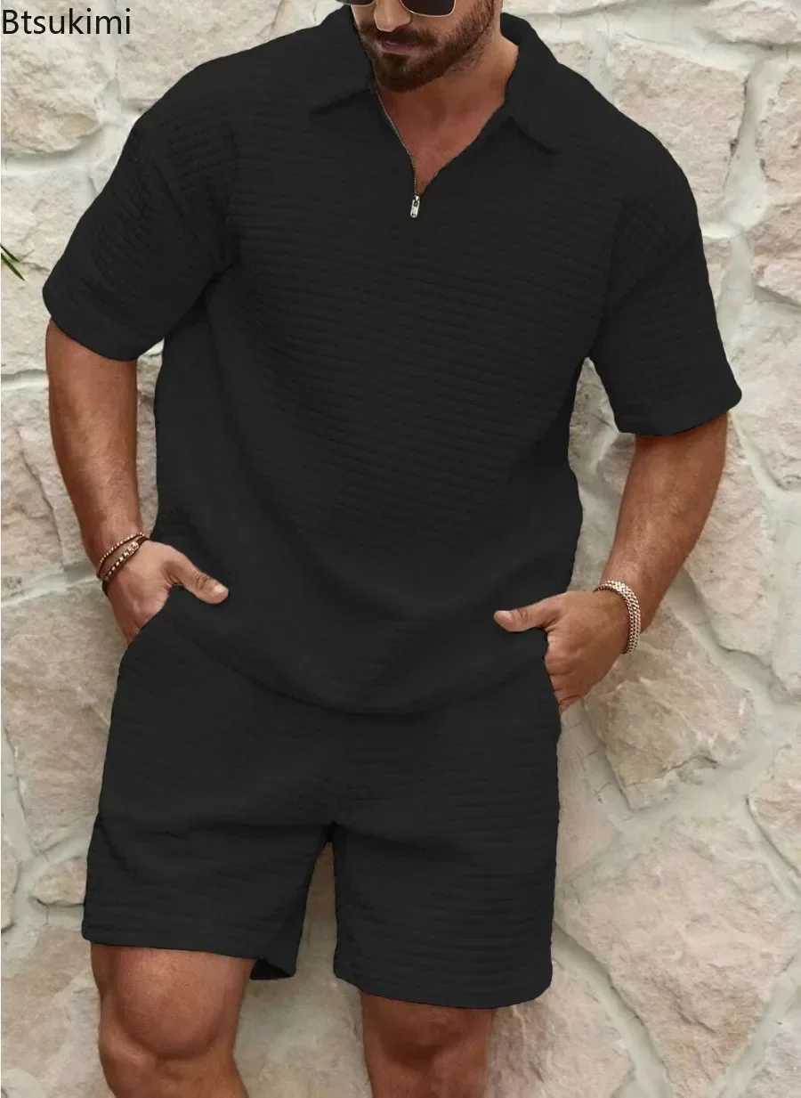 Mens Summer Wfle Casual Set Solid Smooth Loose Sports Set Half Zipper Short Sleeve Shirt Mens Track and Field Wear W241104