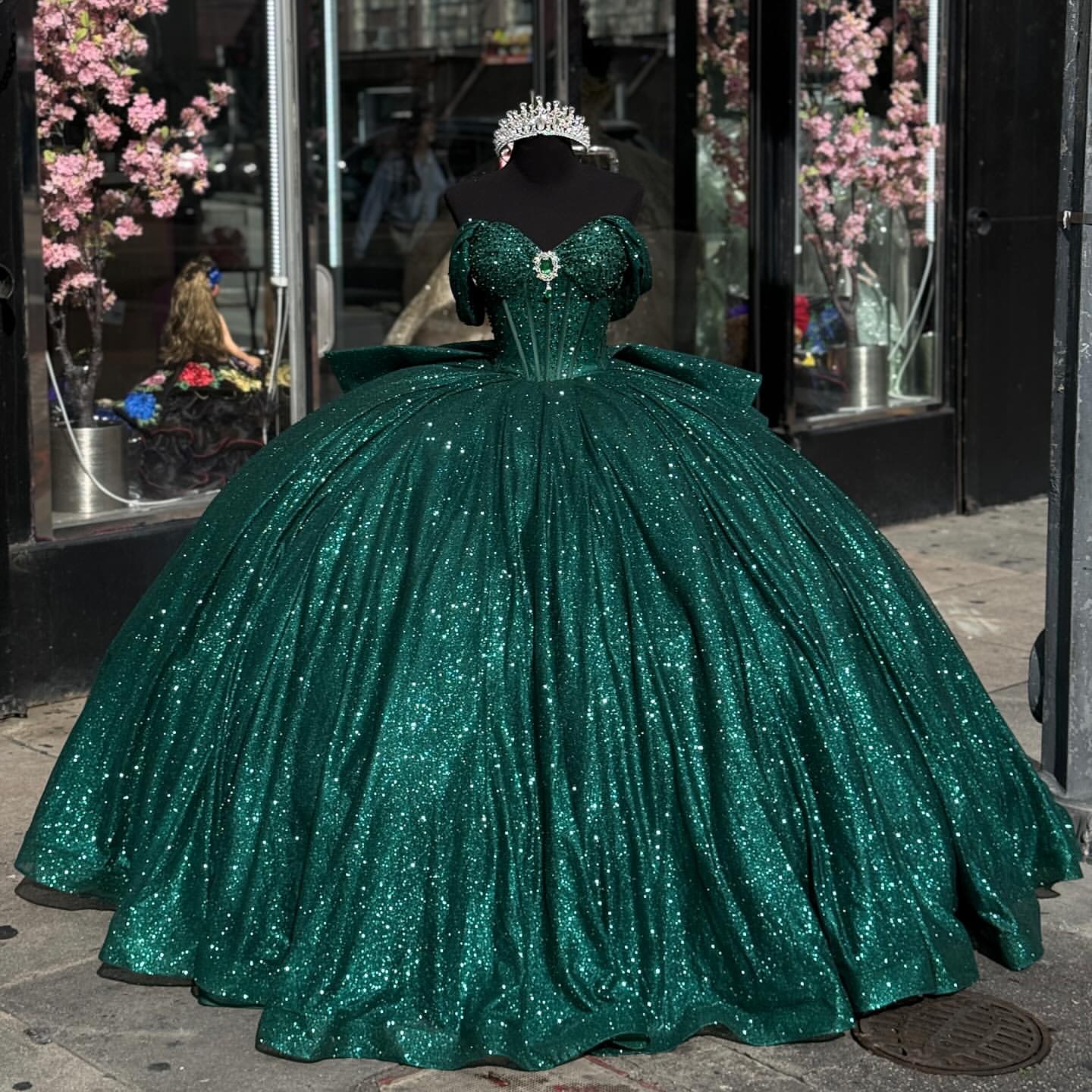 Dark Green Princess Dresses Ball Gown Off Shoulder Glitter Sequins Dia Vestido De Quinceanera Bodice Sweet 15 Masquerade Dress Lz0304