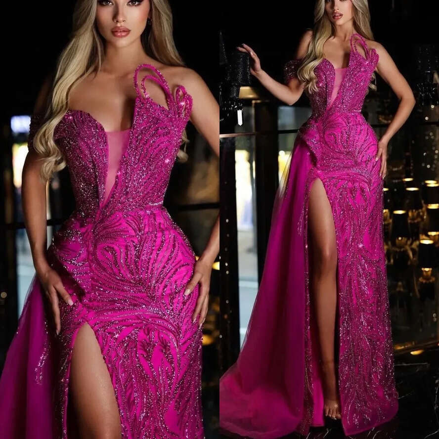 Pink Rose Mermaid Evening V Neck Appliques Sequins Or Length D Lace Side Slit Beaded Sparkly Prom Dress Formal Plus Size Dresses For Special Ocns