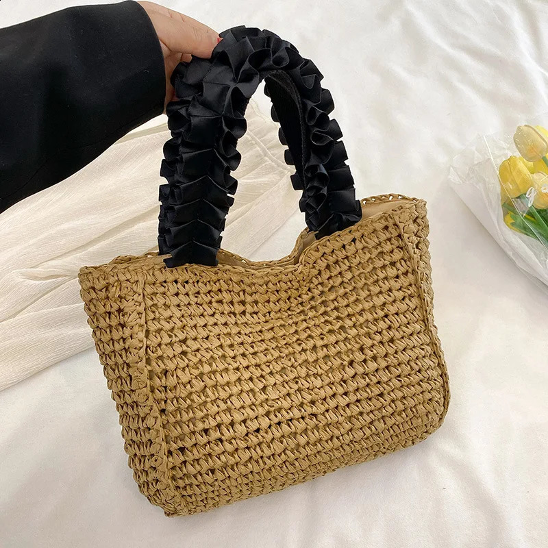 Ruched Handle Straw Bag Bohemian Womens Handbag Wallet and Handbag Paper Rope Beach Bag Shoulder Bag Mini Shopping Bag 241105