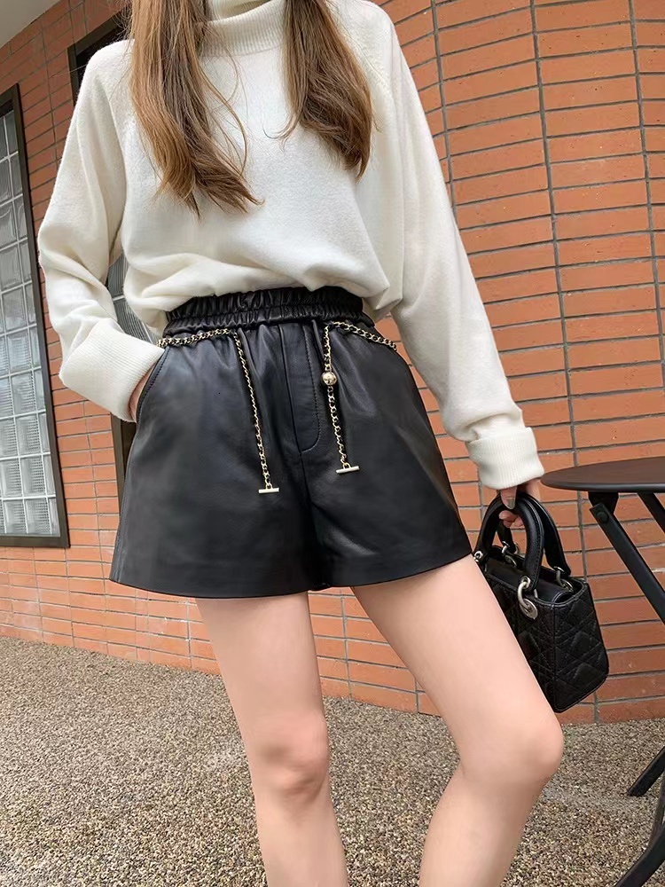 Women Genuine Leather Pants 2023 Versatile A-E Golden Chain Wide Leg Elastic Waist Shorts Grey Pantalones Casual Ropa Mujer