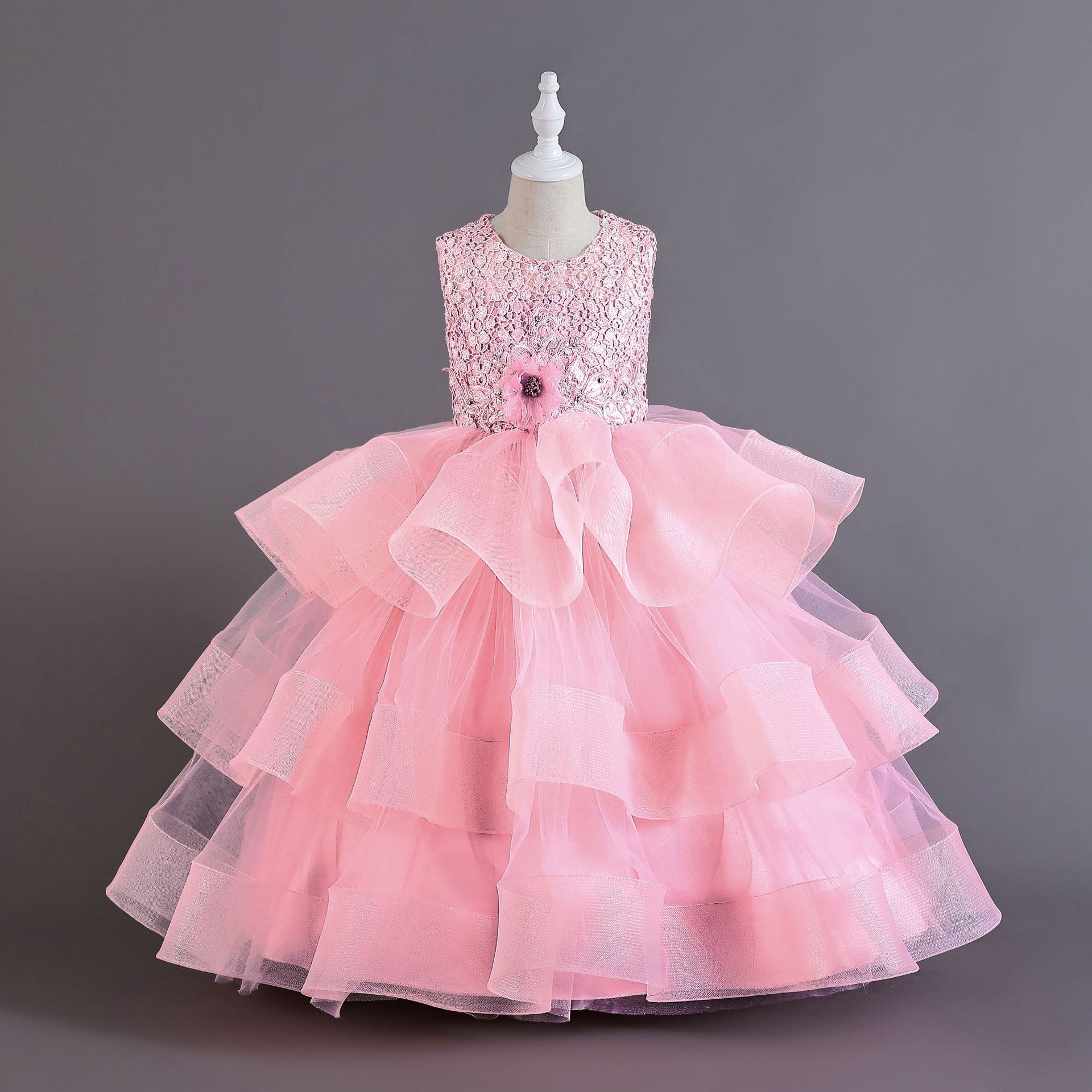 2024 Princess ball gown Flower Girls Dresses For Wedding sexy new 3D Floral Lace Appliques Lanvender Brithday Party Kids Formal Wear Toddler Long Page