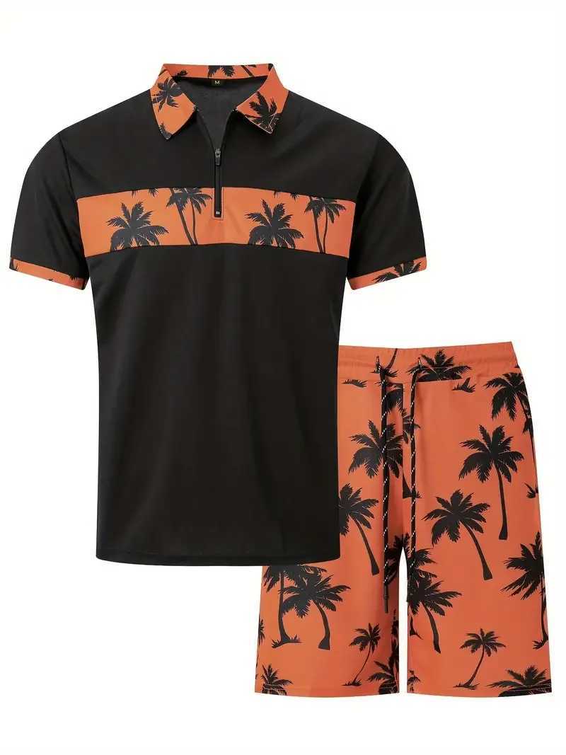 Mens 3D printed coconut Tr fragment pattern zipper shirt+shorts 2-piece unisex fashionable casual simple style clothing W241104