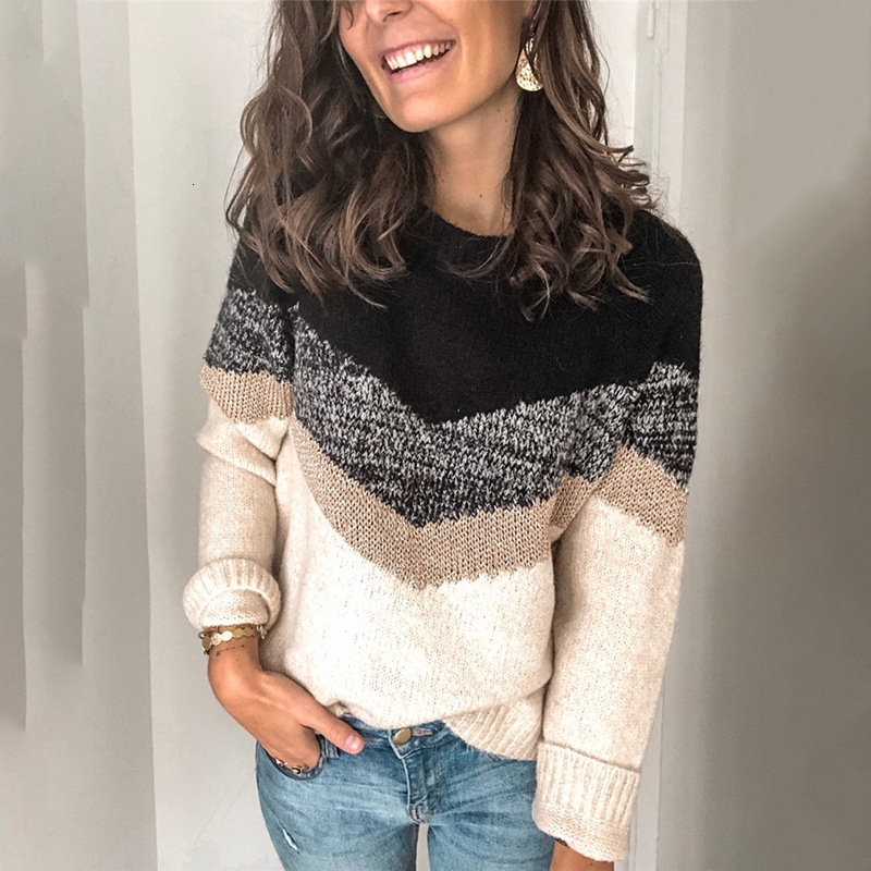 Autumn Winter New Product Color Contrasting Splicing Knitted Sweater With Head, Round Neck, And Embroidered Shoulder Sleeves For Women