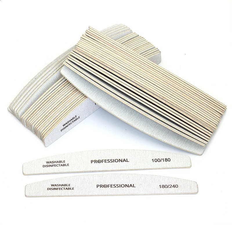 50100Pcs Grey Halfmoon Nail File 100180240 Grit Sanding Nails File Buffer Nail Supplies For Professional Manicure Accessories 241105